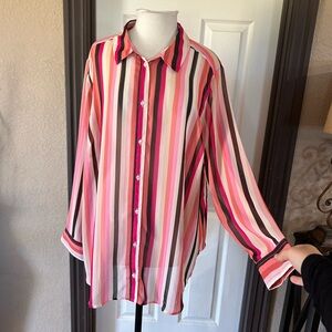 Roaman’s Plus Size Striped Chiffon Button Down Blouse